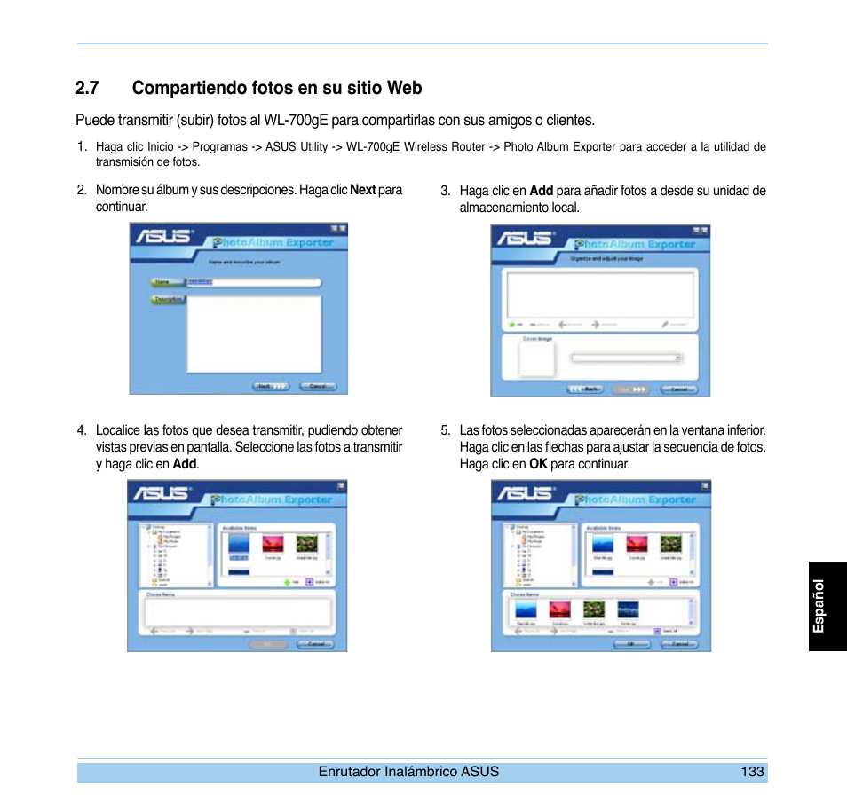 7 compartiendo fotos en su sitio web | Asus WL-700gE User Manual | Page 134 / 169