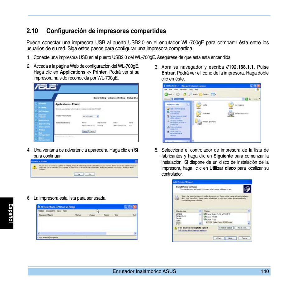 10 configuración de impresoras compartidas | Asus WL-700gE User Manual | Page 141 / 169