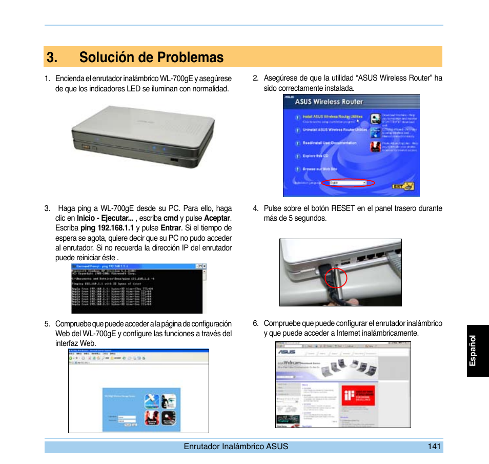 Solución de problemas | Asus WL-700gE User Manual | Page 142 / 169