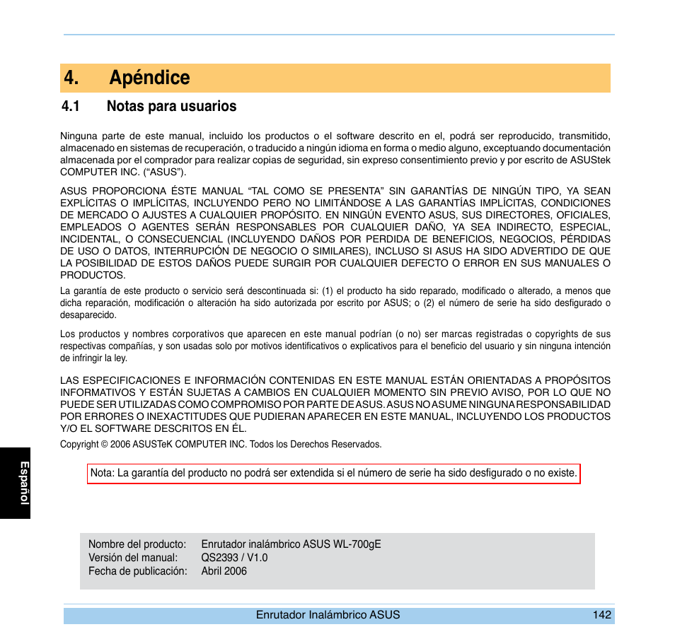 Apéndice, 1 notas para usuarios | Asus WL-700gE User Manual | Page 143 / 169