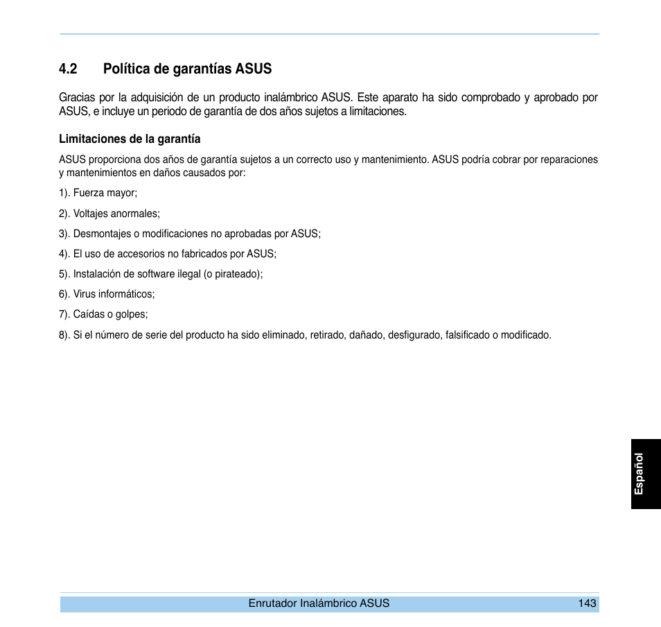 2 política de garantías asus | Asus WL-700gE User Manual | Page 144 / 169