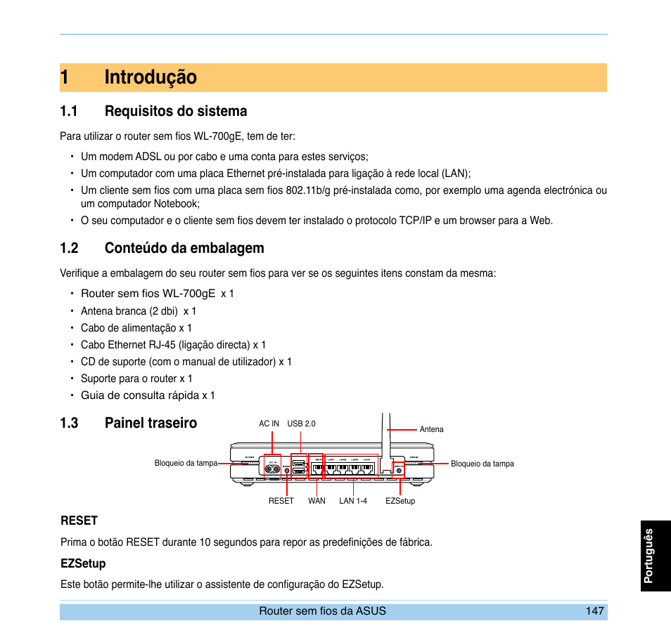 1introdução, 1 requisitos do sistema, 2 conteúdo da embalagem | 3 painel traseiro | Asus WL-700gE User Manual | Page 148 / 169