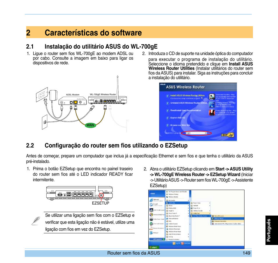 2características do software, 1 instalação do utilitário asus do wl-700ge | Asus WL-700gE User Manual | Page 150 / 169