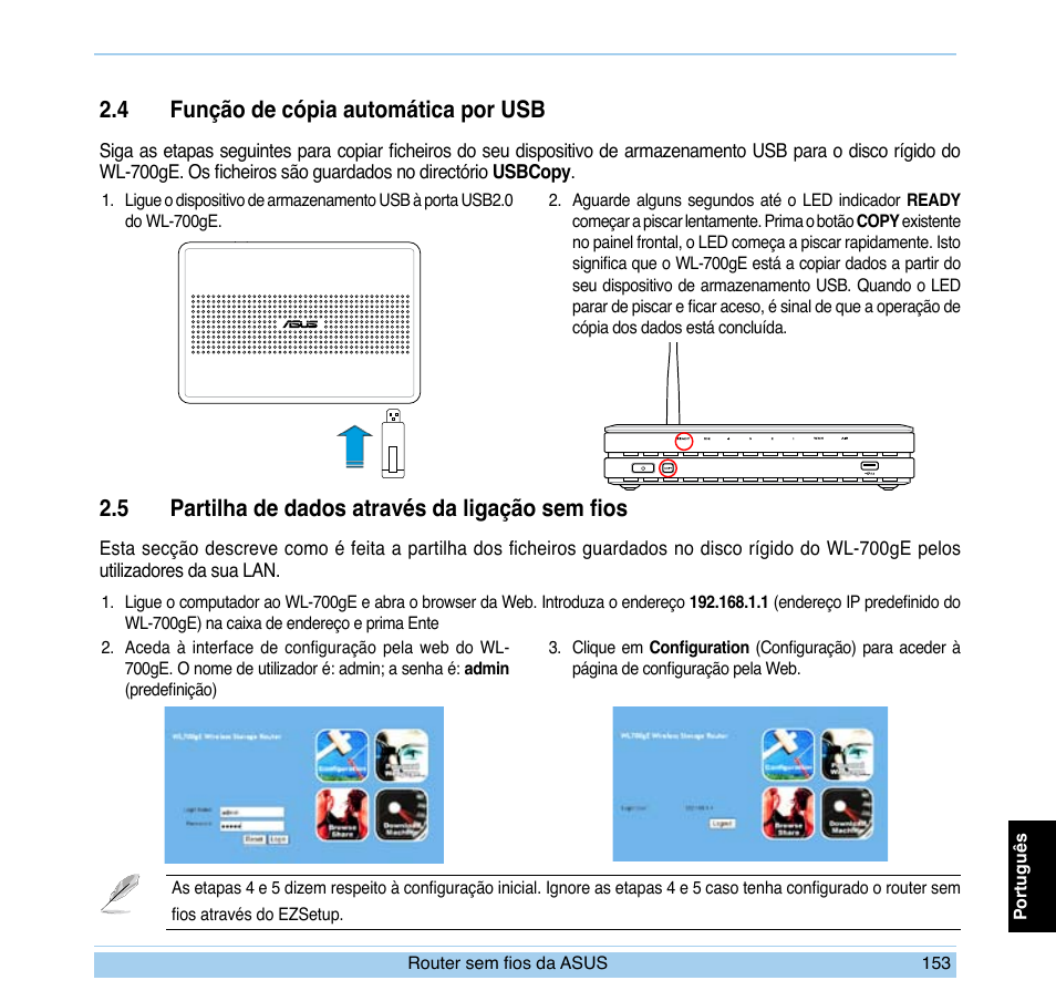 4 função de cópia automática por usb, 5 partilha de dados através da ligação sem fios | Asus WL-700gE User Manual | Page 154 / 169