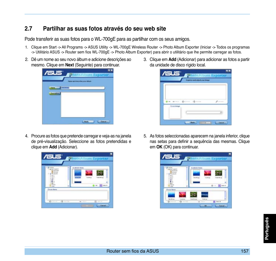 7 partilhar as suas fotos através do seu web site | Asus WL-700gE User Manual | Page 158 / 169