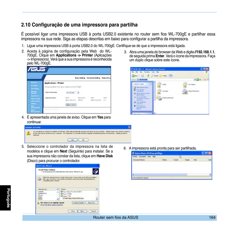 10 configuração de uma impressora para partilha | Asus WL-700gE User Manual | Page 165 / 169