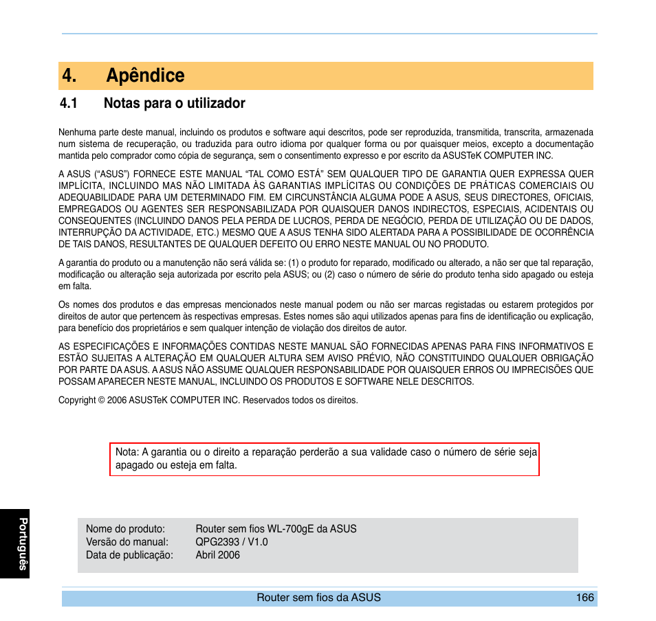 Apêndice, 1 notas para o utilizador | Asus WL-700gE User Manual | Page 167 / 169