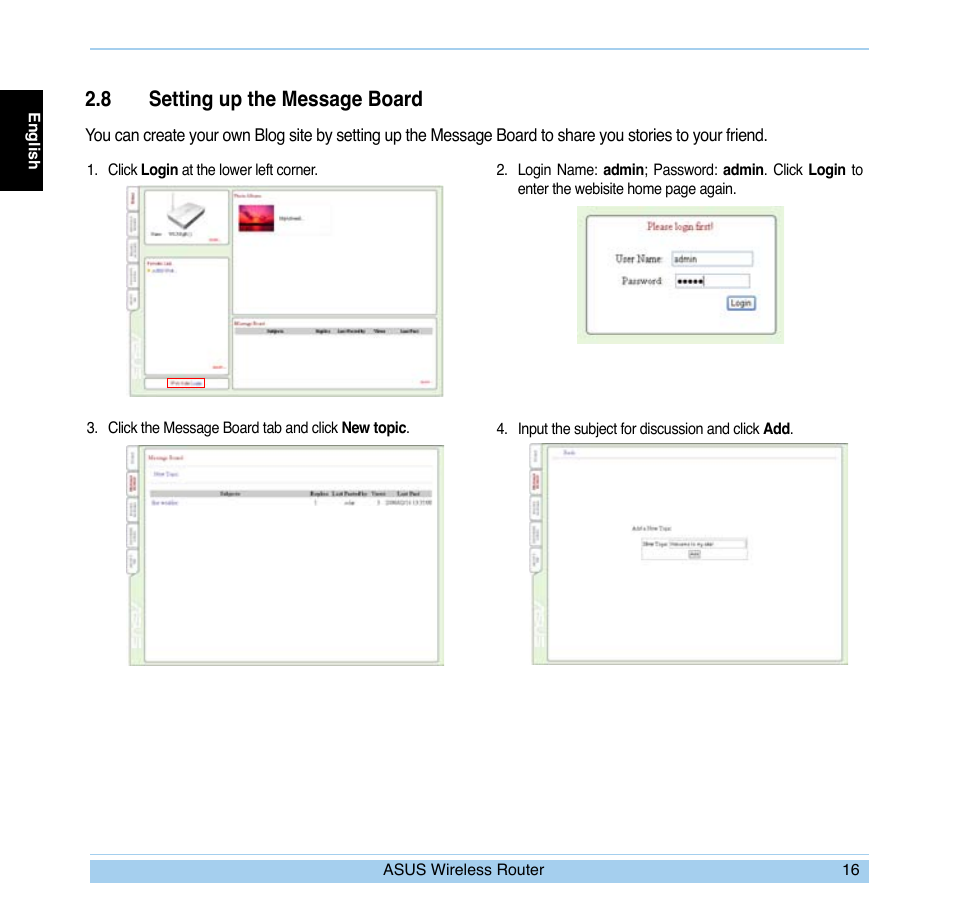 8 setting up the message board | Asus WL-700gE User Manual | Page 17 / 169