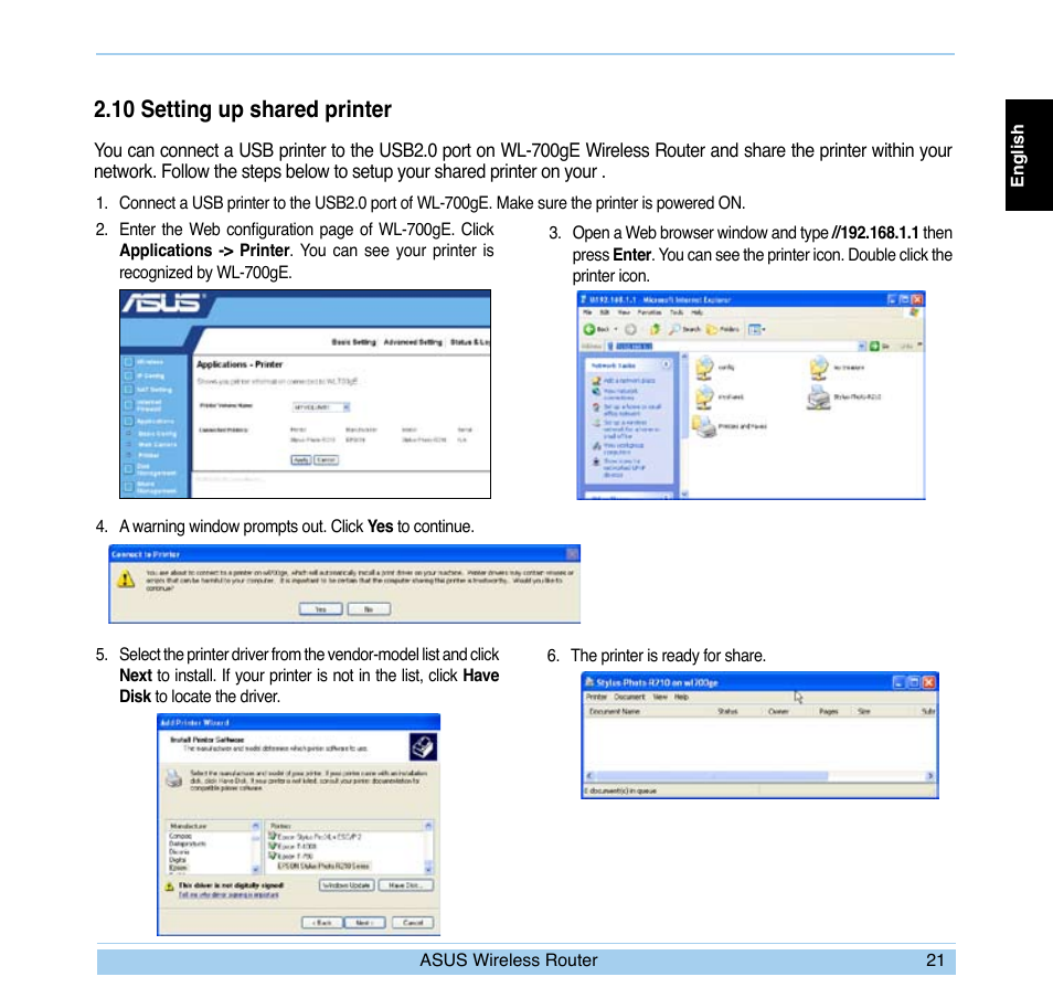 10 setting up shared printer | Asus WL-700gE User Manual | Page 22 / 169