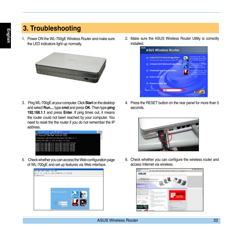 Troubleshooting | Asus WL-700gE User Manual | Page 23 / 169
