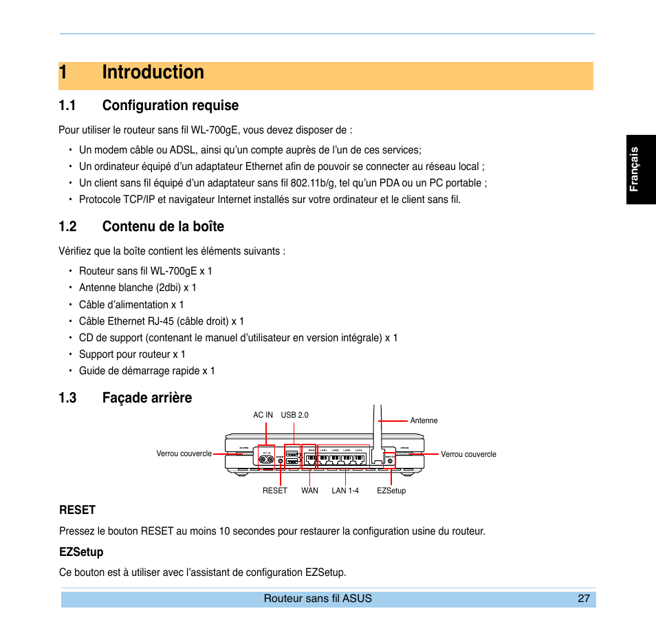 1introduction, 1 configuration requise, 2 contenu de la boîte | 3 façade arrière | Asus WL-700gE User Manual | Page 28 / 169