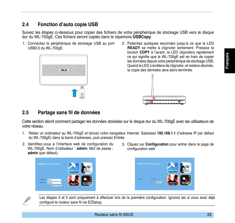 4 fonction d’auto copie usb, 5 partage sans fil de données | Asus WL-700gE User Manual | Page 34 / 169