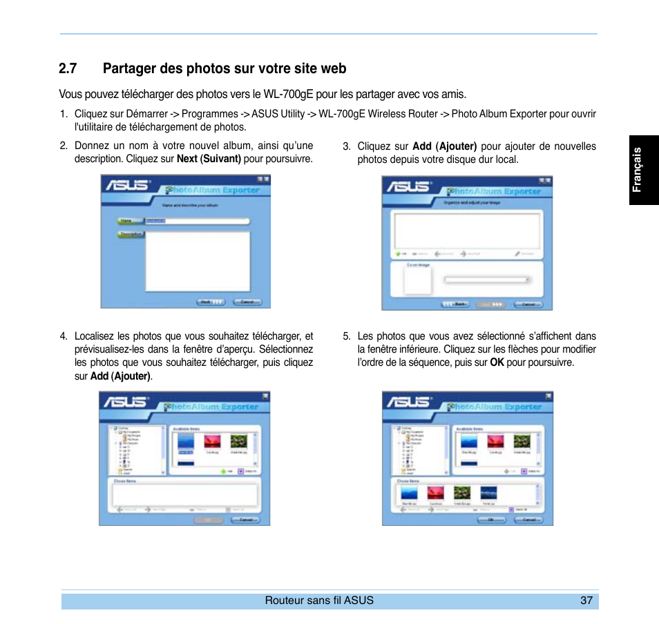 7 partager des photos sur votre site web | Asus WL-700gE User Manual | Page 38 / 169