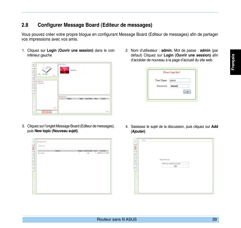 8 configurer message board (editeur de messages) | Asus WL-700gE User Manual | Page 40 / 169