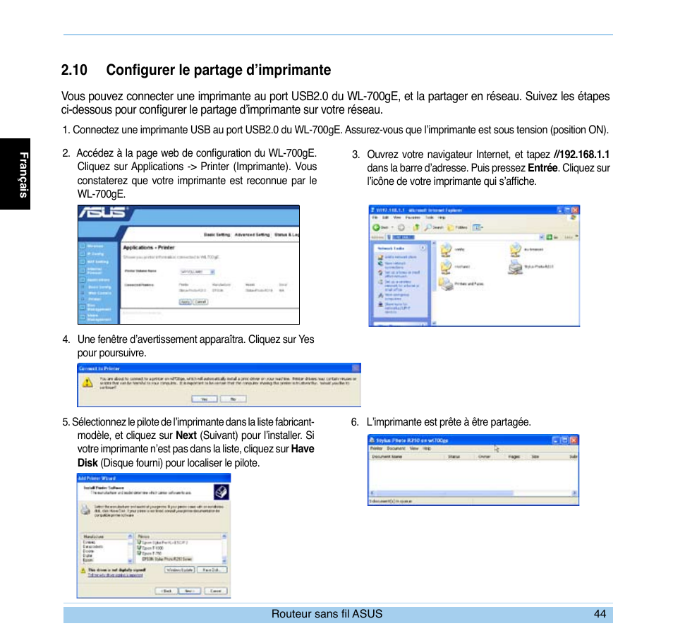 10 configurer le partage d’imprimante | Asus WL-700gE User Manual | Page 45 / 169