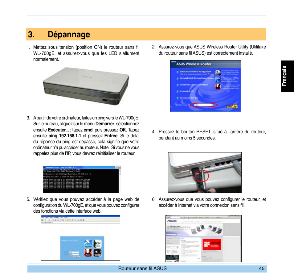 Dépannage | Asus WL-700gE User Manual | Page 46 / 169