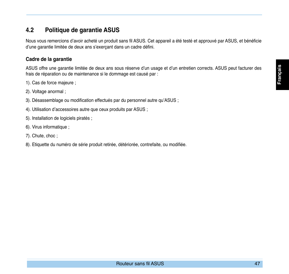 2 politique de garantie asus | Asus WL-700gE User Manual | Page 48 / 169