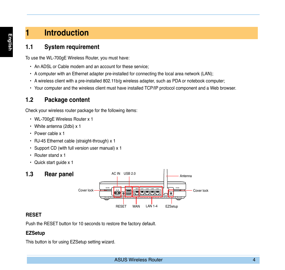 1introduction, 1 system requirement, 2 package content | 3 rear panel | Asus WL-700gE User Manual | Page 5 / 169
