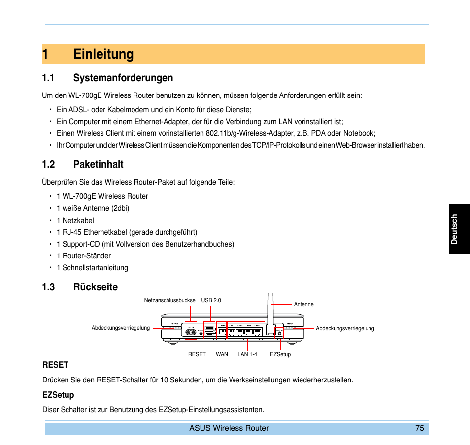 1einleitung, 1 systemanforderungen, 2 paketinhalt | 3 rückseite | Asus WL-700gE User Manual | Page 76 / 169