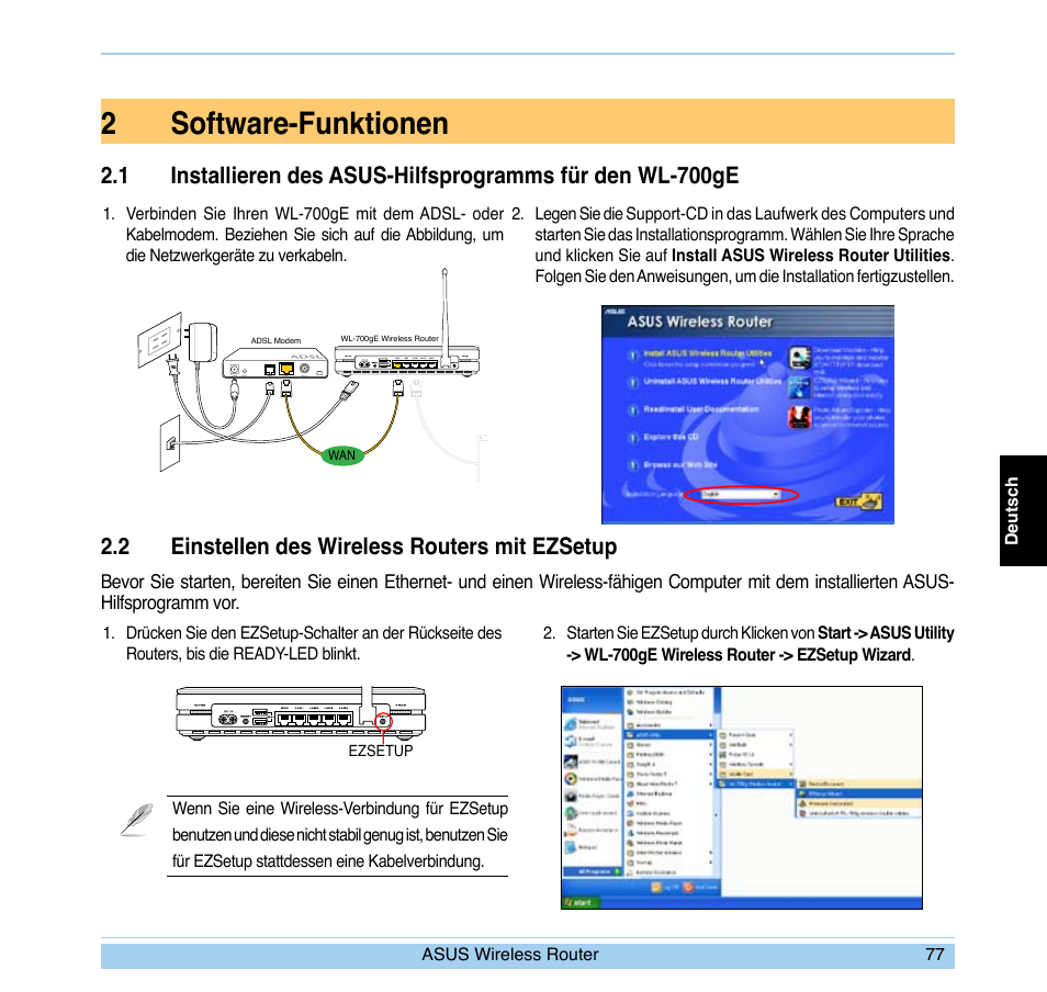 2software-funktionen, 2 einstellen des wireless routers mit ezsetup | Asus WL-700gE User Manual | Page 78 / 169