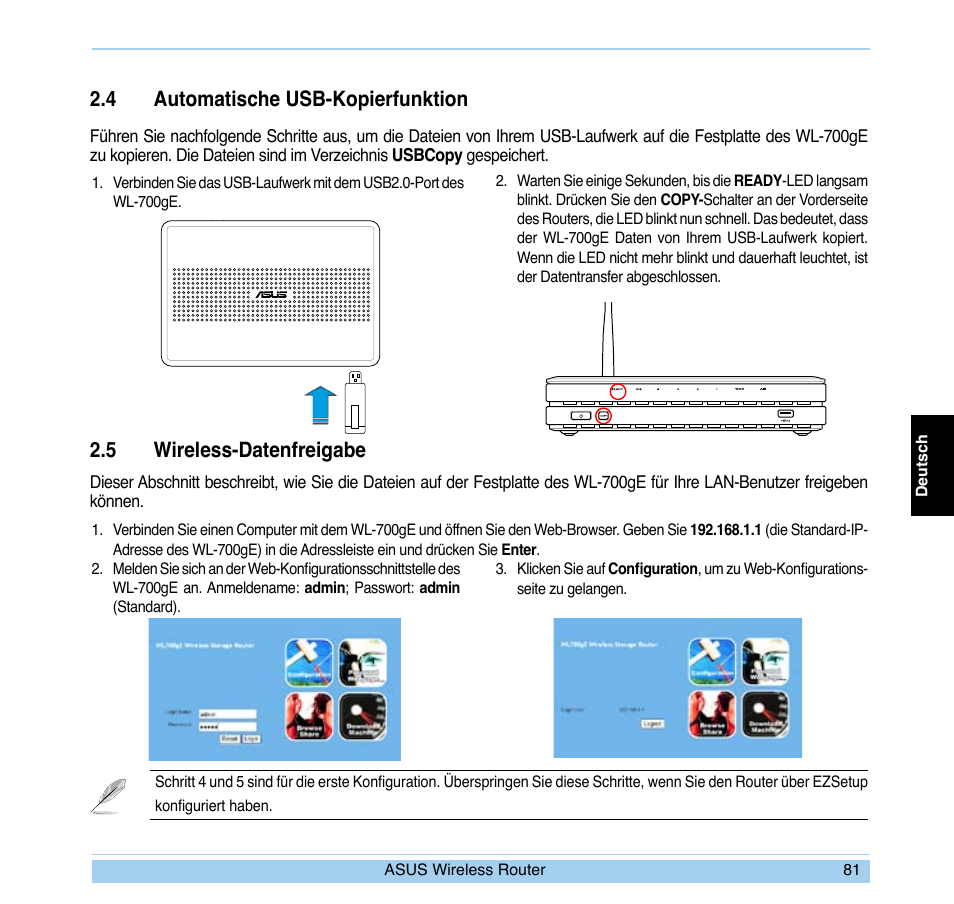 4 automatische usb-kopierfunktion, 5 wireless-datenfreigabe | Asus WL-700gE User Manual | Page 82 / 169