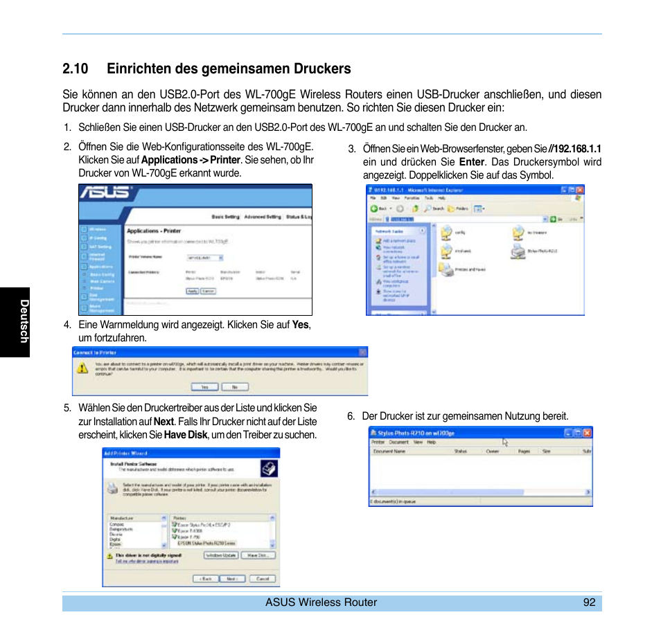 10 einrichten des gemeinsamen druckers | Asus WL-700gE User Manual | Page 93 / 169