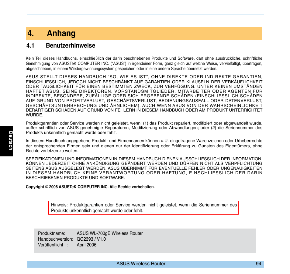 Anhang, 1 benutzerhinweise | Asus WL-700gE User Manual | Page 95 / 169