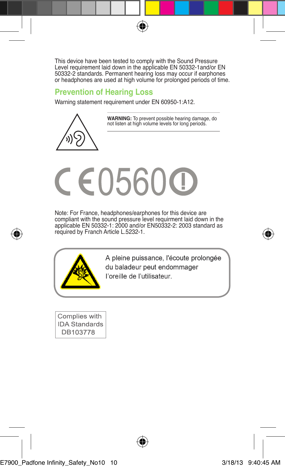 Prevention of hearing loss | Asus PadFone Infinity User Manual | Page 10 / 14