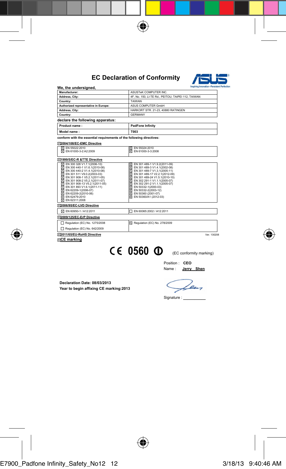 Ec declaration of conformity | Asus PadFone Infinity User Manual | Page 12 / 14