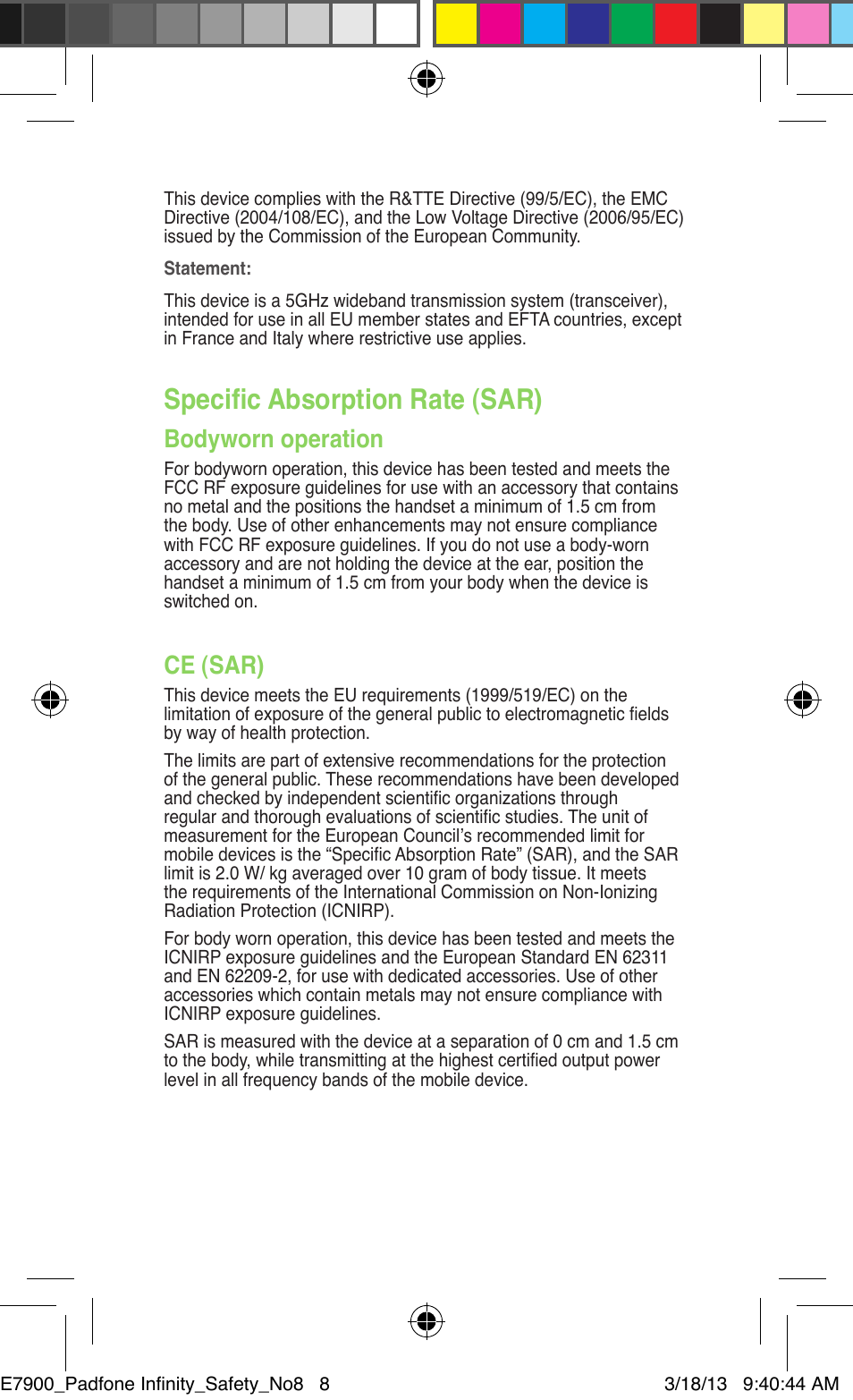 Specific absorption rate (sar), Bodyworn operation, Ce (sar) | Asus PadFone Infinity User Manual | Page 8 / 14