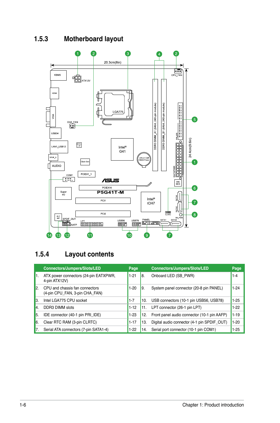 3 motherboard layout, 4 layout contents, Motherboard layout -6 | Layout contents -6, 3 motherboard layout 1.5.4 layout contents | Asus P5G41T-M/USB3 User Manual | Page 16 / 58