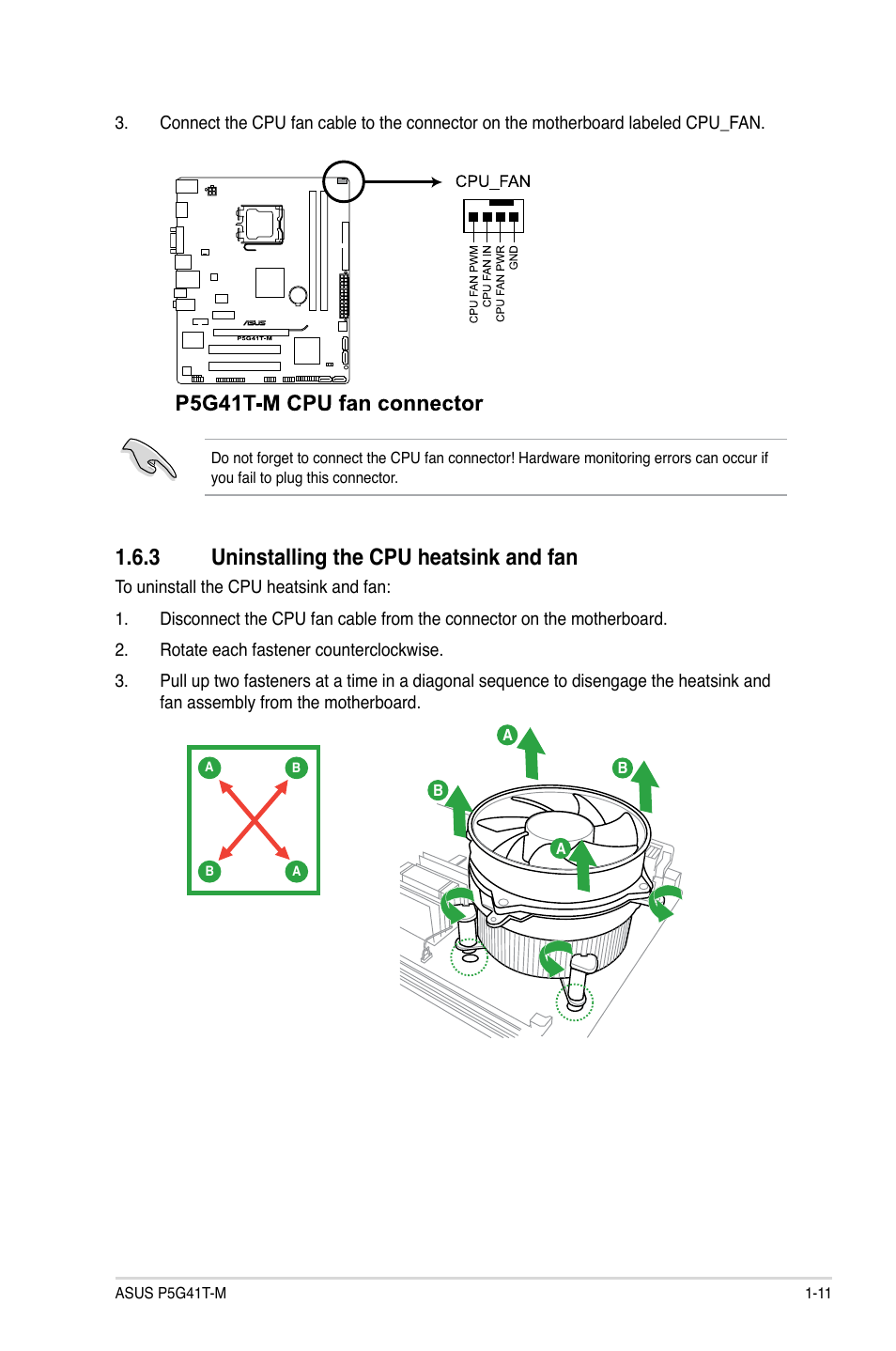 3 uninstalling the cpu heatsink and fan, Uninstalling the cpu heatsink and fan -11 | Asus P5G41T-M/USB3 User Manual | Page 21 / 58