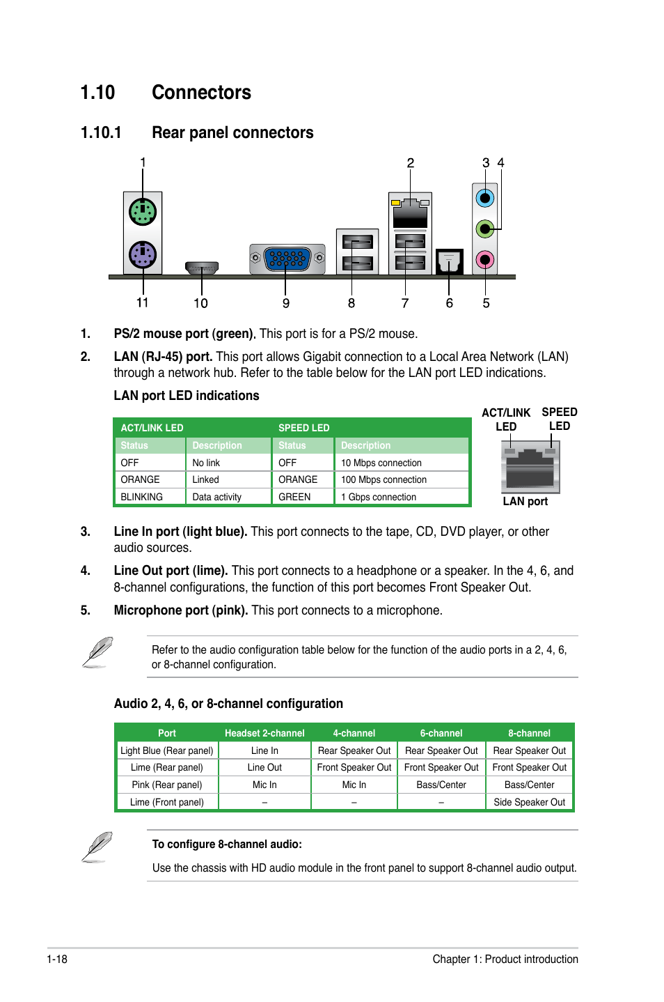 10 connectors, 1 rear panel connectors, 10 connectors -18 | 1 rear panel connectors -18 | Asus P5G41T-M/USB3 User Manual | Page 28 / 58