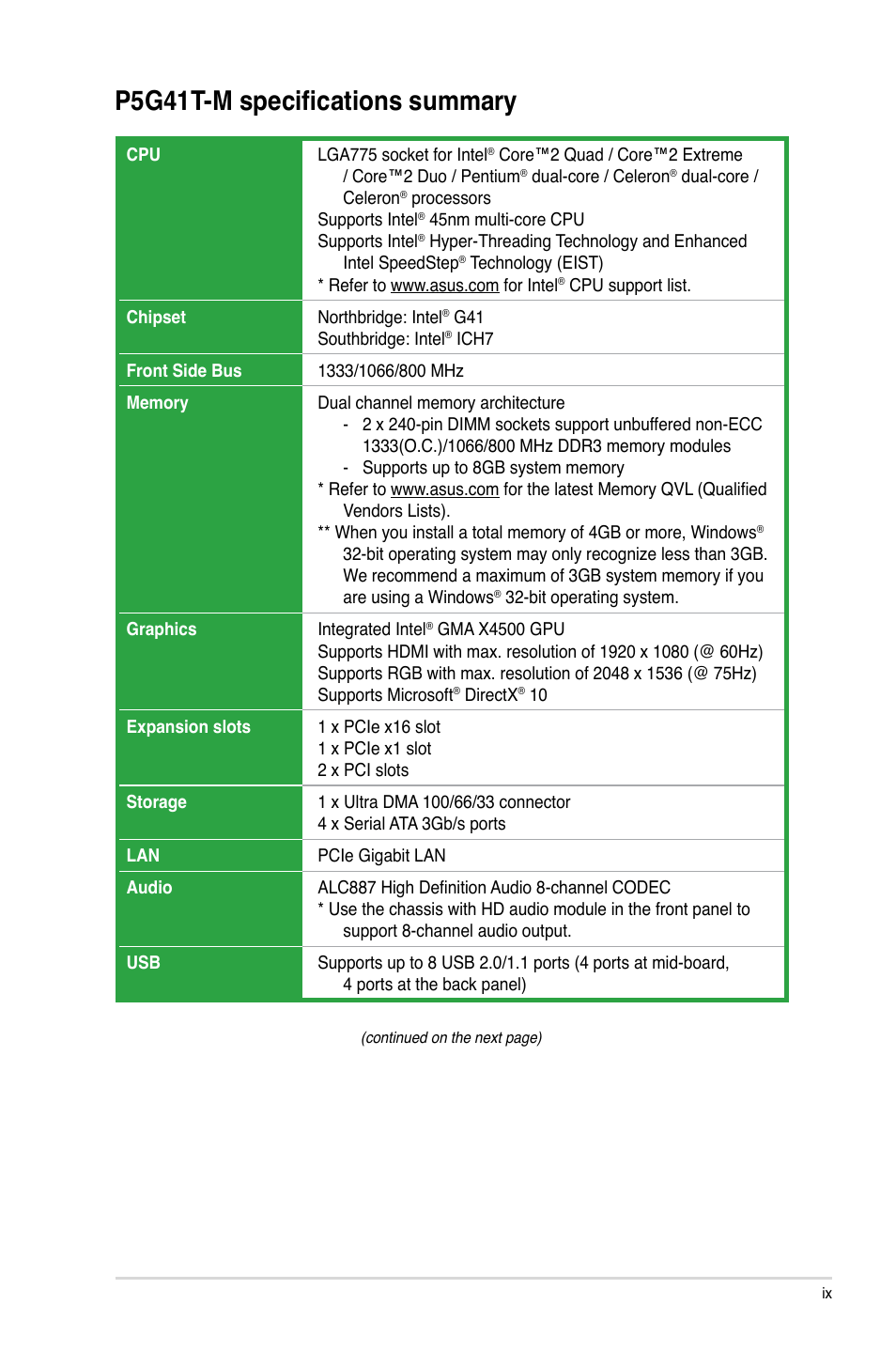 P5g41t-m specifications summary | Asus P5G41T-M/USB3 User Manual | Page 9 / 58