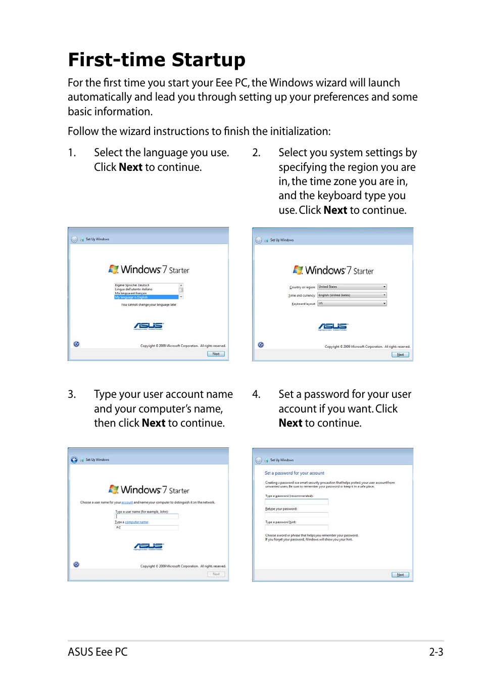 First-time startup, First-time startup -3 | Asus Eee PC R051PW User Manual | Page 23 / 60