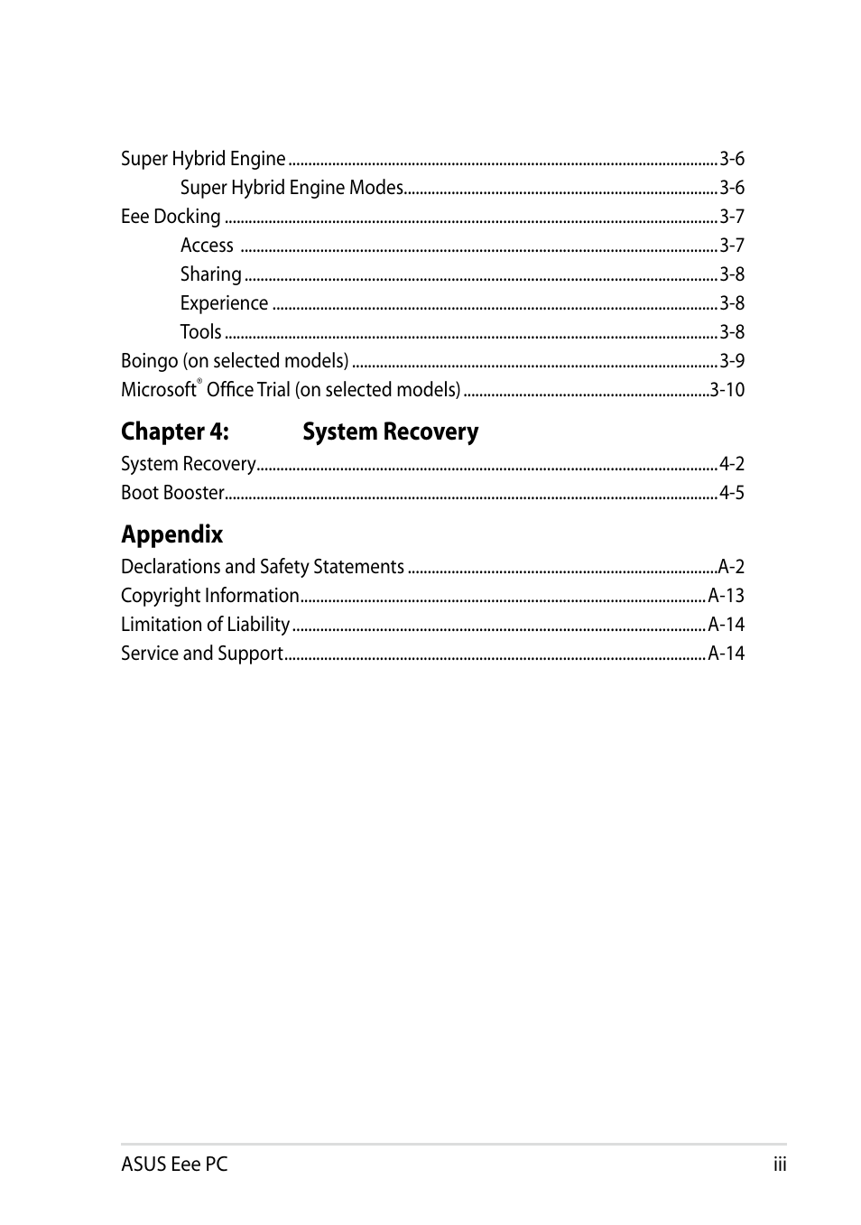 Chapter 4: system recovery, Appendix | Asus Eee PC R051PW User Manual | Page 3 / 60