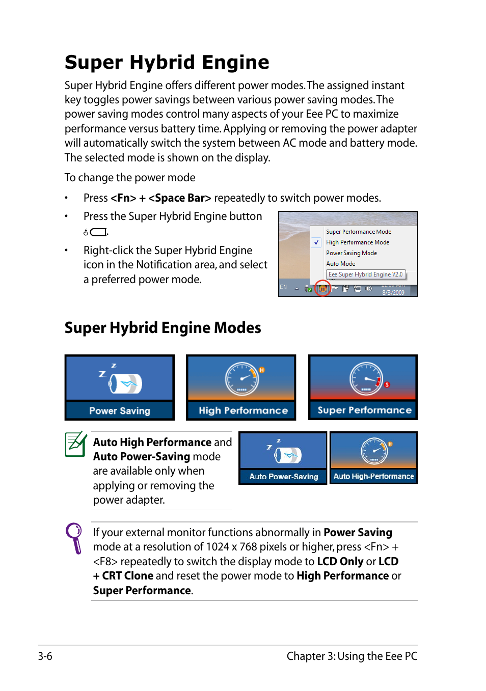 Super hybrid engine, Super hybrid engine modes, Super hybrid engine -6 | Super hybrid engine modes -6 | Asus Eee PC R051PW User Manual | Page 36 / 60