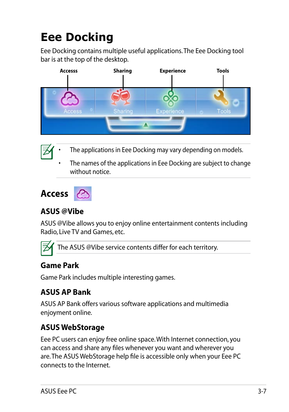 Eee docking, Access, Eee docking -7 | Access -7 | Asus Eee PC R051PW User Manual | Page 37 / 60