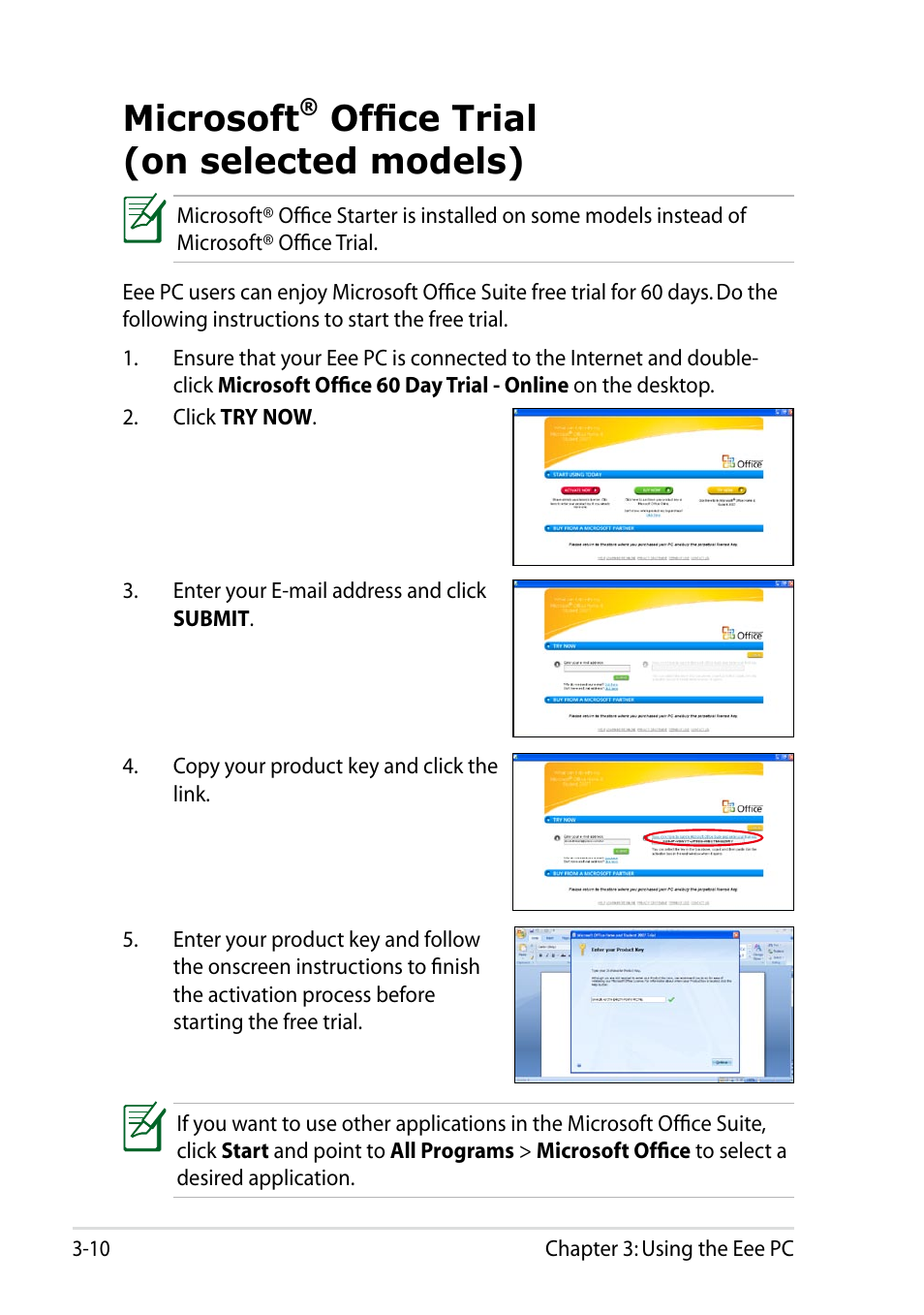 Microsoft® office trial(on selected models), Microsoft, Office trial (on selected models) -10 | Office trial (on selected models) | Asus Eee PC R051PW User Manual | Page 40 / 60