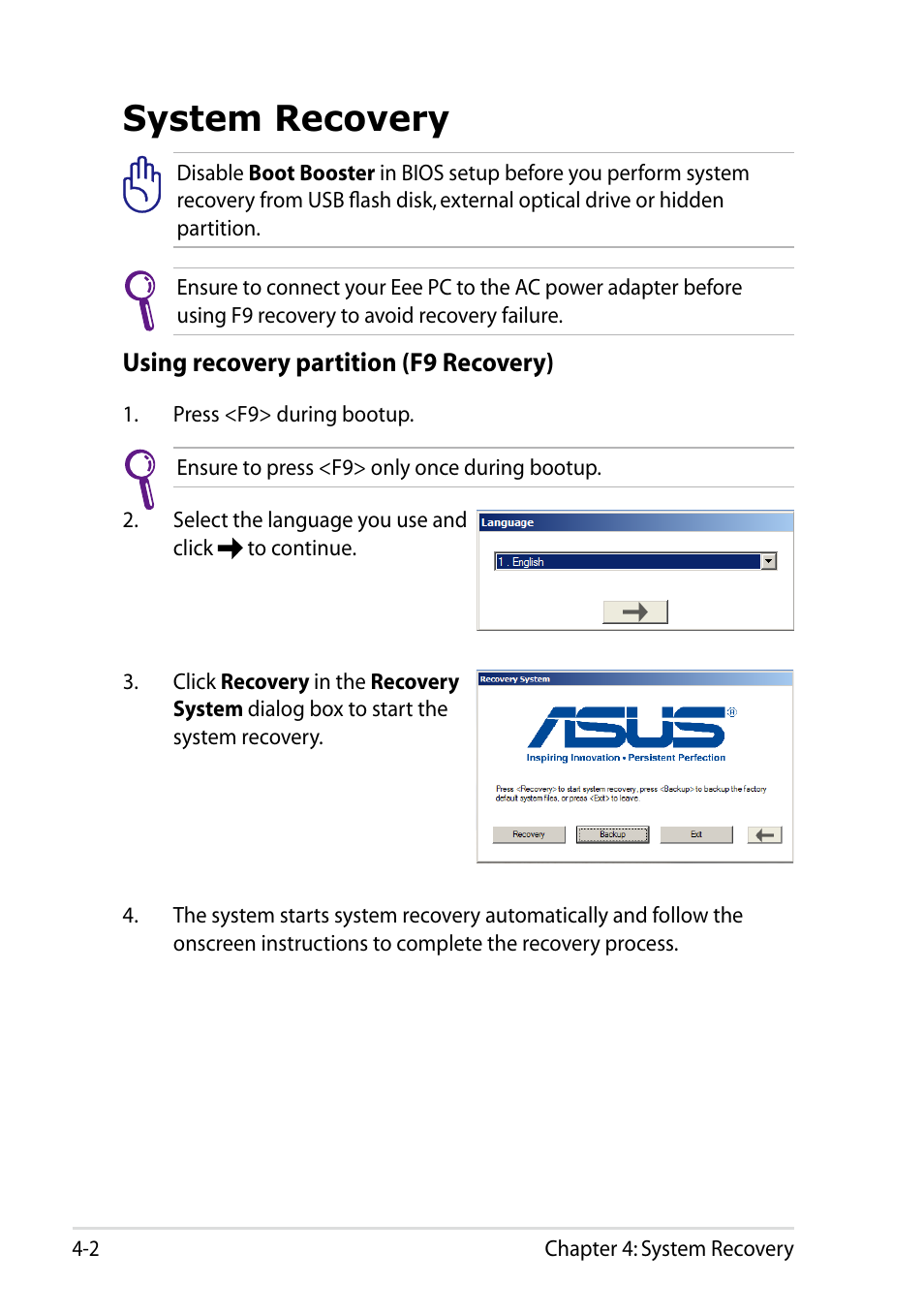 System recovery, System recovery -2 | Asus Eee PC R051PW User Manual | Page 42 / 60