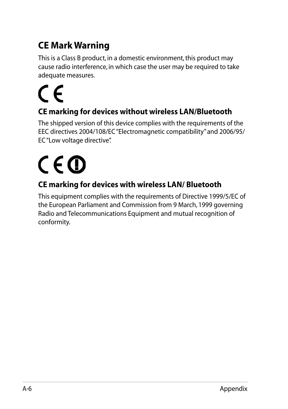 Ce mark warning | Asus Eee PC R051PW User Manual | Page 52 / 60