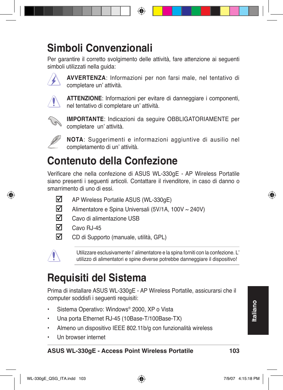 Contenuto della confezione, Requisiti del sistema, Simboli convenzionali | Asus WL-330gE User Manual | Page 104 / 229