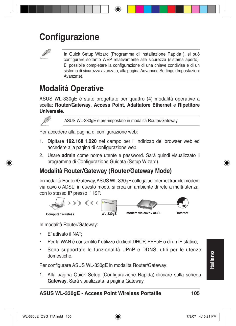 Configurazione, Modalità operative, Modalità router/gateway (router/gateway mode) | Asus WL-330gE User Manual | Page 106 / 229