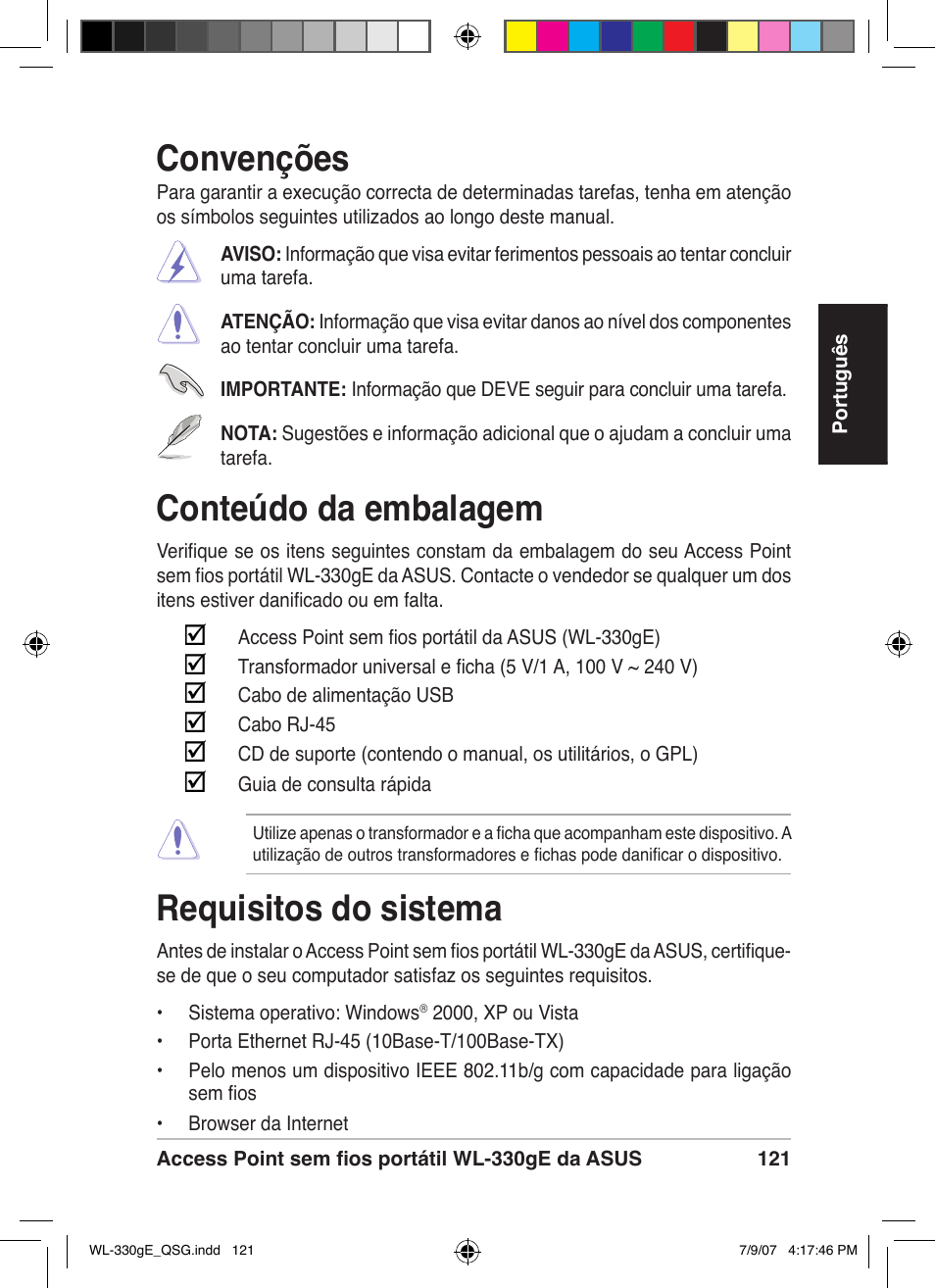 Conteúdo da embalagem, Requisitos do sistema, Convenções | Asus WL-330gE User Manual | Page 122 / 229