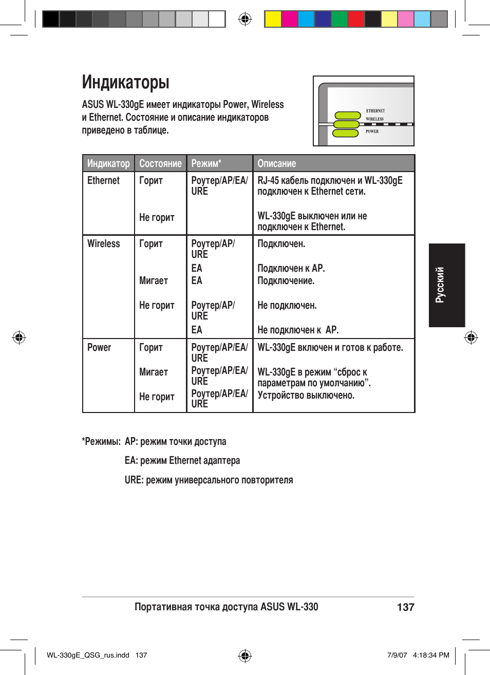 Индикаторы | Asus WL-330gE User Manual | Page 138 / 229