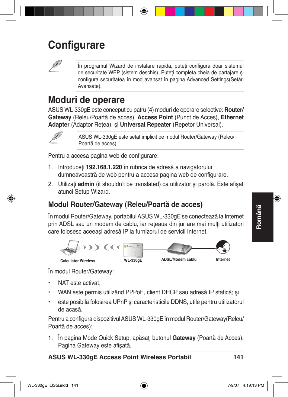 Configurare, Moduri de operare, Modul router/gateway (releu/poartă de acces) | Asus WL-330gE User Manual | Page 142 / 229