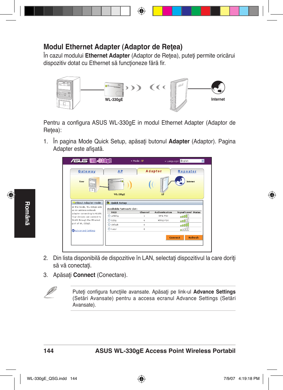 Modul ethernet adapter (adaptor de reţea) | Asus WL-330gE User Manual | Page 145 / 229