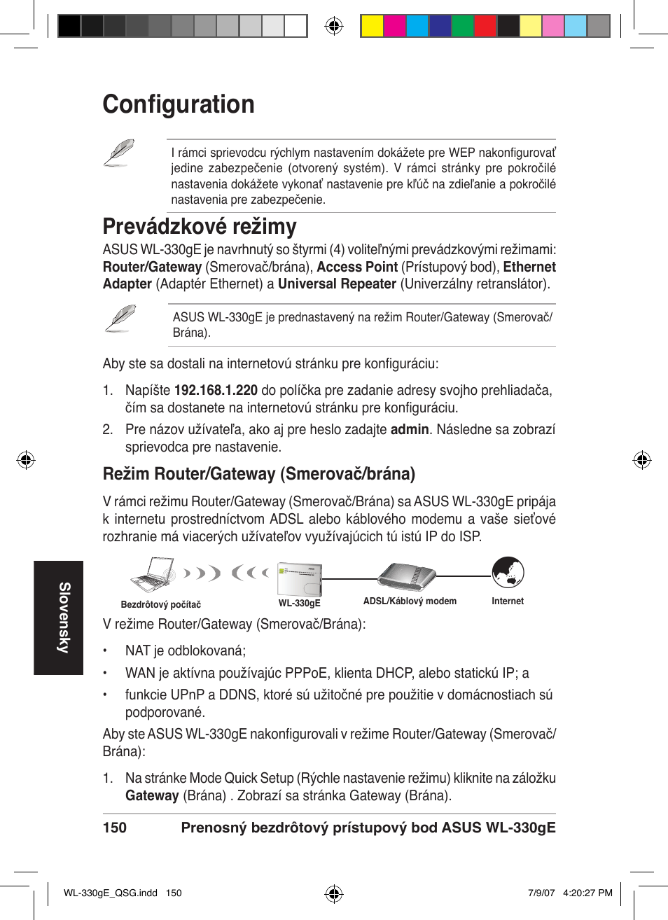 Configuration, Prevádzkové režimy, Režim router/gateway (smerovač/brána) | Asus WL-330gE User Manual | Page 151 / 229