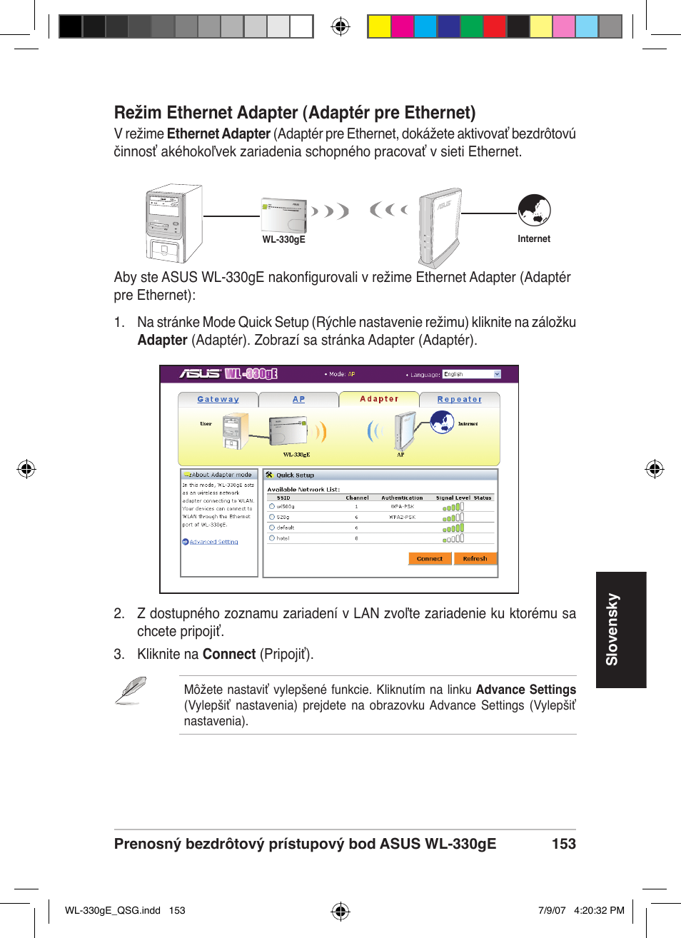 Režim ethernet adapter (adaptér pre ethernet) | Asus WL-330gE User Manual | Page 154 / 229