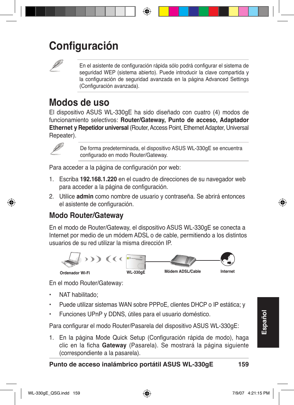 Configuración, Modos de uso, Modo router/gateway | Asus WL-330gE User Manual | Page 160 / 229